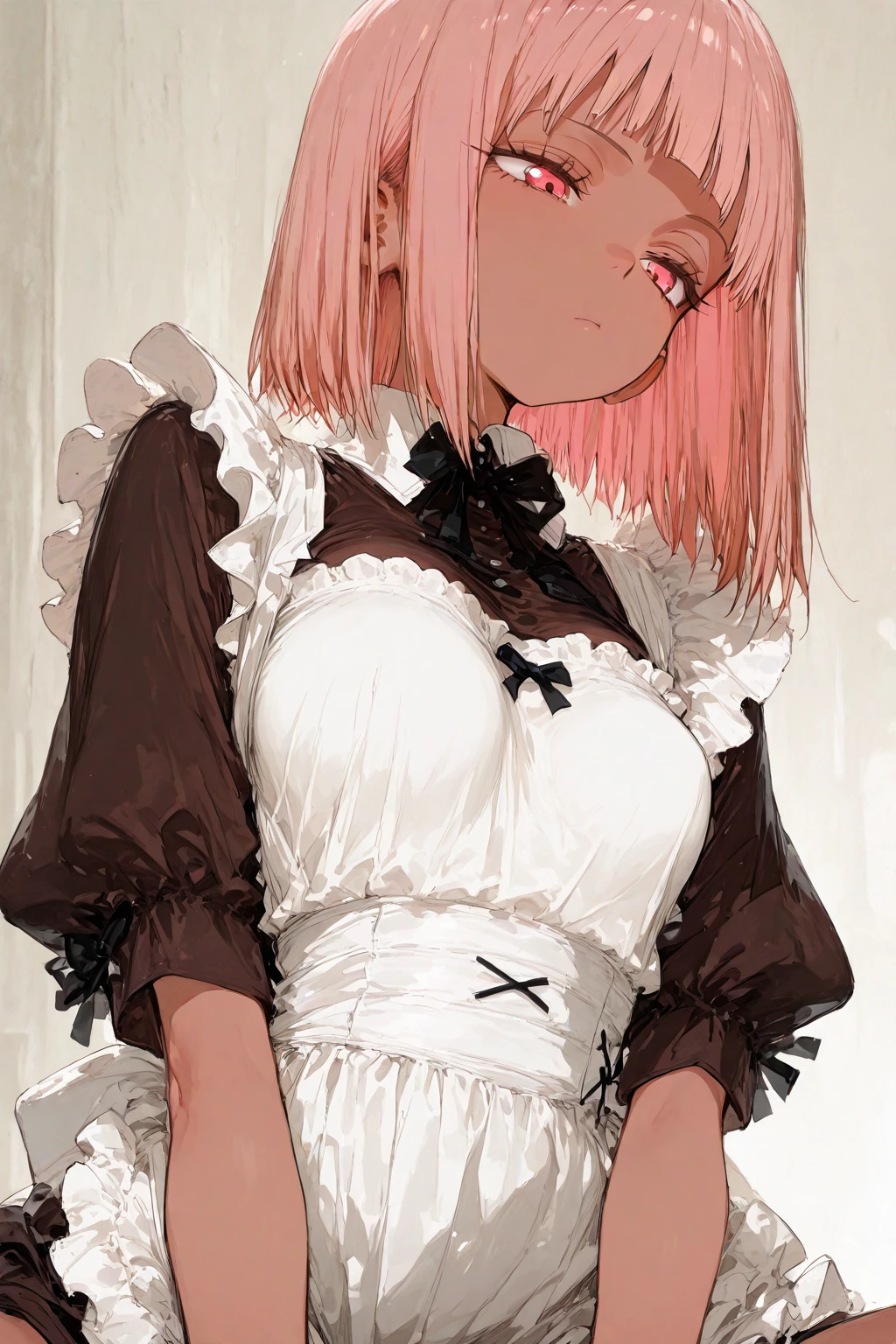 (masterpiece, best quality, perfect hourglass figure, wide waist, blush), busty, on all four, perfect face, flawless eyes, empty gradient background, beautiful lips, full lips, (arms behind back), perfect waist, cowboy asshole shot, perfect hips,, wide smile, sanpaku, concave bangs, round pupils, evil eyes, tan, dark skin, brown skin, short puffy hair, huge breasts, saggy breasts, scarlet hair, GothGal, wearing a GothGal outfi, dress, frills, cameltoe, oiled legs, oiled boobs, showing big juicy ass, showing big asshole,