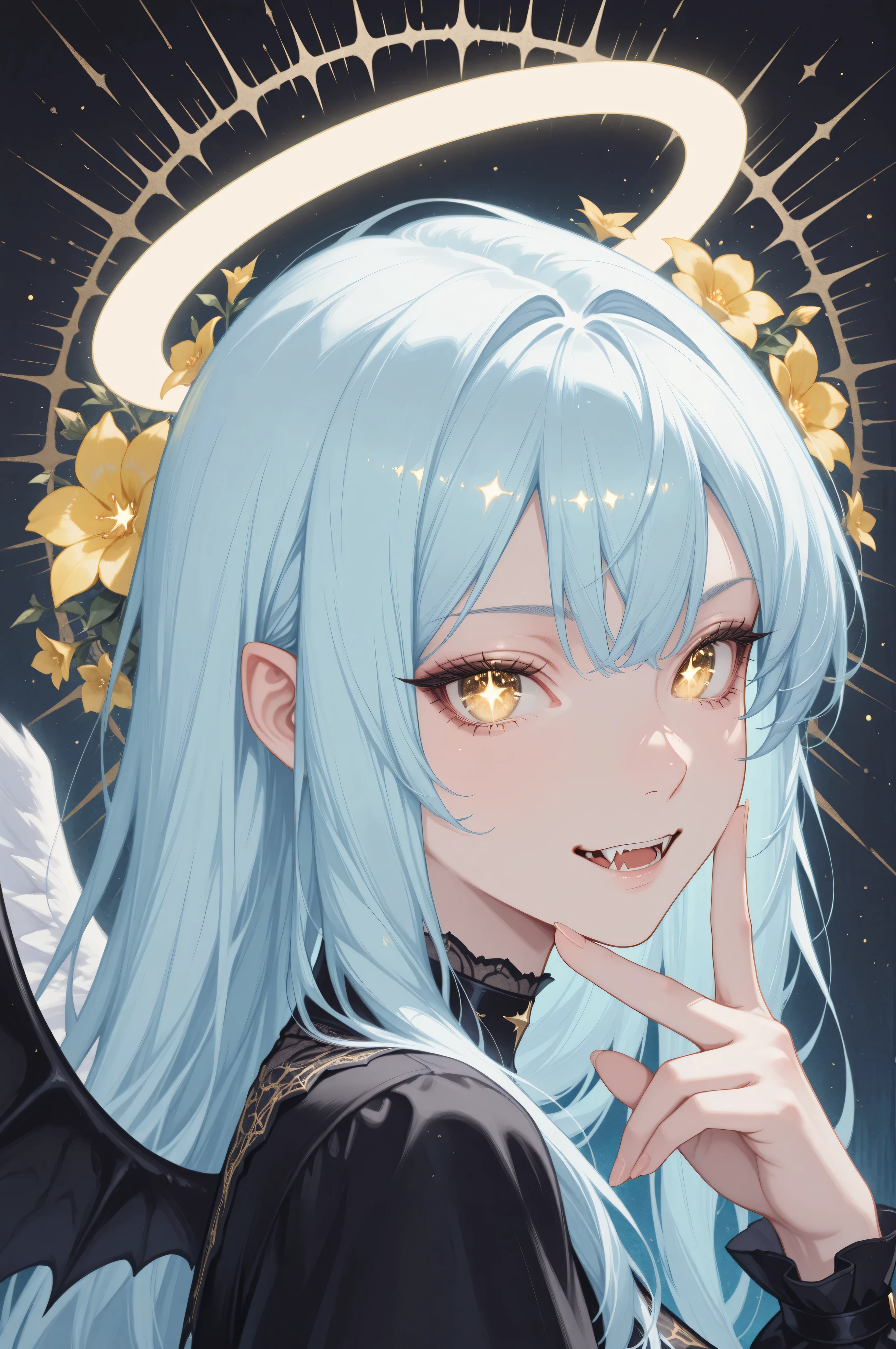 masterpiece, best quality, gothic aesthetic, best detail, absurdres, angelic, close-up portrait, side view, Light golden Eyes, light blue long hair, smooth hair, yellow Flowers, vampire angel, star eyes, golden eyes, abstract, vampire fangs, halo, wings, one hand, v sign