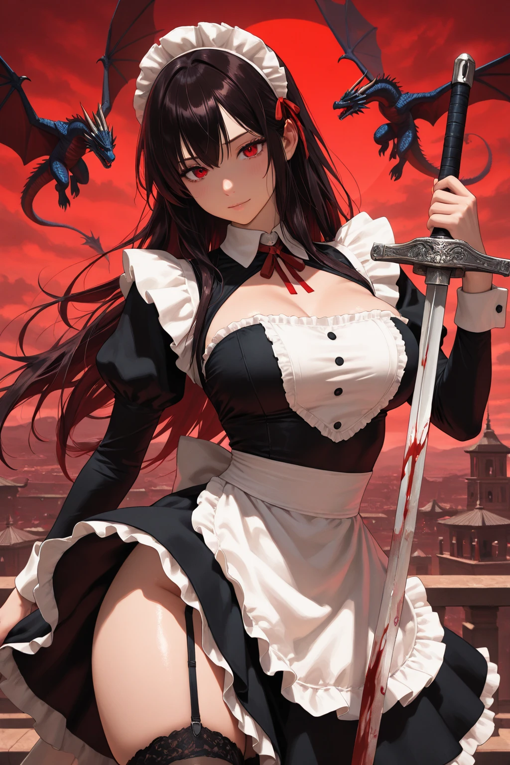 Masterpiece, very detailed, ultra detailed, one, (1 woman), Photo of a woman in a maid costume with detailed killing knives in her hands, beautiful vampire queen, beautiful vampire female queen, with charming eyes, blood red eyes, long black straight hair and straight bangs, with huge breast, she’s With demonic horns and dragon wings, around her magic of darkness, vampire, beautiful charming anime woman, ((beautiful fantasy empress)), beautiful female vampire