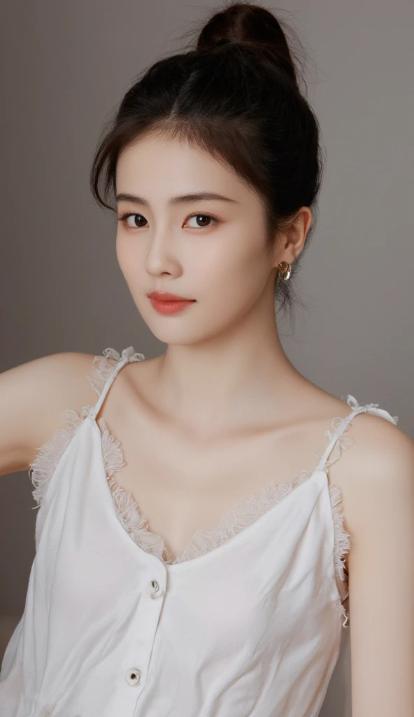 adorable, 1 girl, (face to face), 10 years old, baby face, happy, half body portrait, (face details: 1), (eye details:1), ((big breasts)). wearing transparent transparency long shirt, .. Cute posed. proportional body. Ultra High Res. realistic: 1.4, UHD, bun Hairstyle