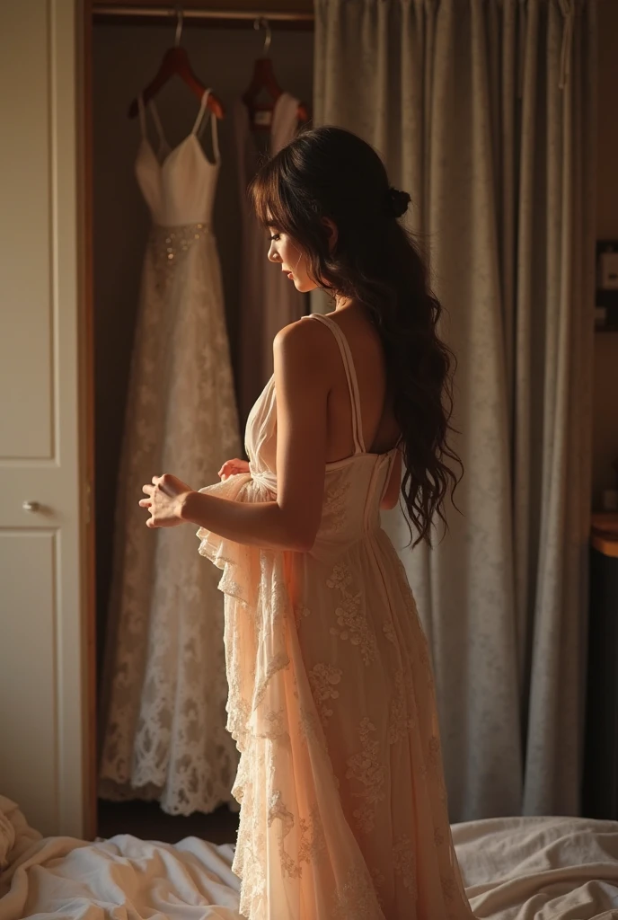 kneeling on the bedroom floor, picking up the dress, showing her panties