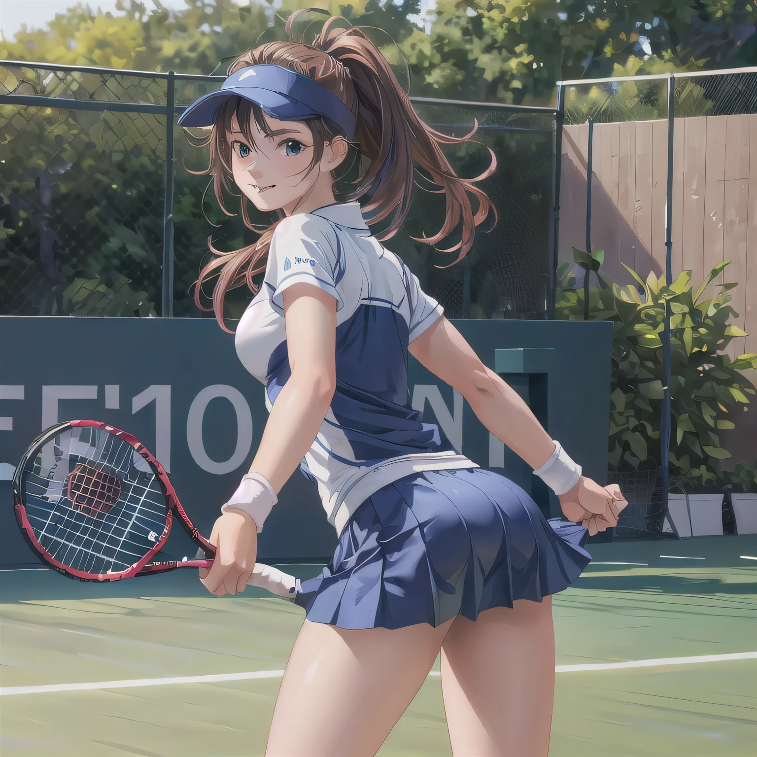 Official art, Unity 8k Wallpapers, ultra-detailliert, ​masterpiece, top-quality, 1人の女性, (ighly detailed),(Raw photography、top-quality)、(realisitic、Photorealsitic:1.3)、high-detail、Ultra-detailed complex 3D rendering of faces、(highlydetailed skin:1.2)、dynamic ungle, Fireglow effect,  profetional lighting, side lights, ciinematic light, 超A high resolution, 8K , film grains,Best Shadows, Particles of light, detailed skin textures, A detailed face, intricate-detail, ultra-detailliert, with light glowing, Looking back、Full body, tennis coat、beauitful face、blurry backround、18 year old beautiful girl、shinny skin、Twin-tailed、beautiful brown hair、Gray eyes、Tie your hair with a big red ribbon、(Tennis Uniforms、Holding a racket、dynamicposes:1.3)、raise arms、Dynamic Poses、white  panties、