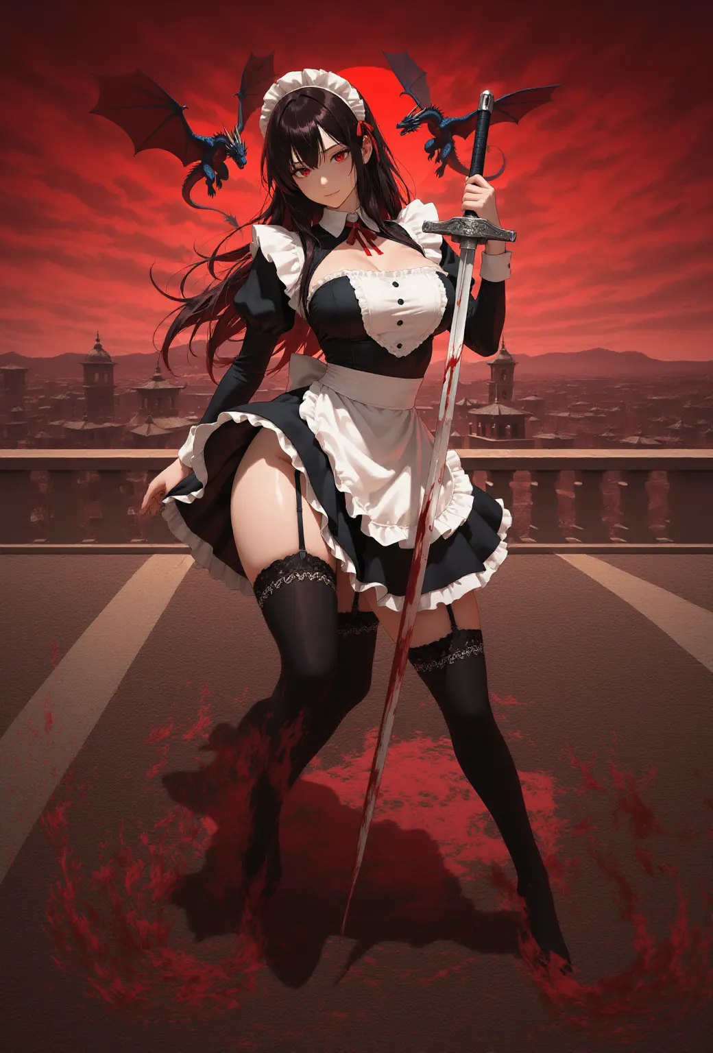 a picture of vampire nurse in a dark hospital, goth hospital, exquisite beautiful nurse, ((full body shot: 1.5)), ((anatomically correct: 1.5)), (ultra detailed face: 1.2), pale skin, dynamic hair style, dynamic hair color, wearing white silk nurse, small cleavage, robes, white skirt,(holding blood transfusion bag: 1.3), BloodSoakedAI, goth hospital background, dark fantasy art, goth art, Hyperrealism style, vibrant, Ultra-high resolution, High Contrast, (masterpiece:1.5), highest quality, Best aesthetics), best details, best quality, highres, ultra wide angle, 16k, [ultra detailed], masterpiece, best quality, (extremely detailed) RAW, BloodSoakedAI, vampire teeth