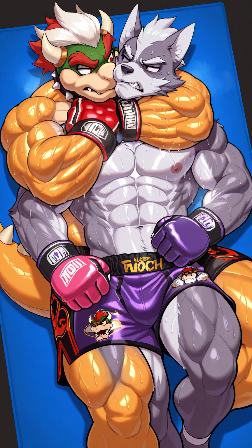 athletic charizard. 4k, high resolution, best quality, posted on e621, solo, anthro body, older male, male, adult, very masculine, dense muscles (tough build):1.5, correct anatomy, (white background, no background:1.2), (by grimfaust:1.2), (by wfa, by vorusuarts, by Traver009:1.0), (bare torso:1.1), (boxers, genital_outline:1.0), (blue boxing gloves), bare paws, (detailed eyes:1.2), sexy, (cel shaded:1.2), (sweat:1.5), visible breath, shiny muscles, sweat:1.6, cartoony shading, (watercolors:1.2), strong shadows, confident, proud, , (vascular, veins:1.1), (full body):1