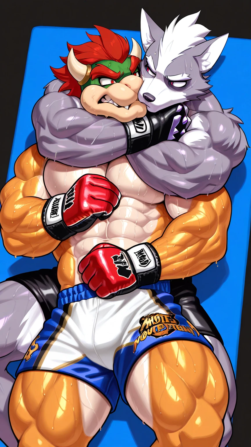 Duo male(Cougar vs Gray Cougar, handsomes, handsome hairstyle, tails, Thick eyebrows, detailed face), gay(Clinch embraced, flexing abs, body with body, on a UFC match), hot(Shirtless), handsomes(They are handsomes, correct anatomy), musculosos(Big muscle bodies, Six packs, muscle abs, big pecs, muscle backs, muscle legs), sweaty(very sweaty wet bodies, shiny sweat), tatuajes(they have tattoos), grumpy(Both have an grumpy expression, grumpy teeths, steaming breath), UFC gloves(They both are wearing UFC gloves), UFC boxers(they both are wearing ufc boxers), Hight resolution, by(Zourik:1.1)