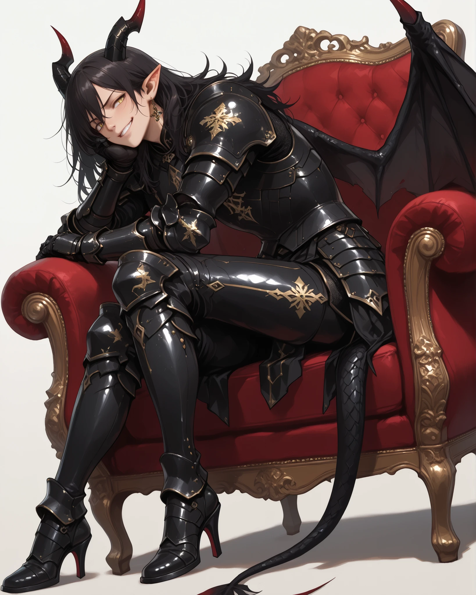 score_9, score_8_up, score_7_up, absurdres, ((128K Ultra High Resolution)), (masterpiece, best quality: 1. 5), (high definition: 1, 4), highres, 8K wallpaper, (excellent graphics: 1. 5), CG, (((Japanese Anime style))), (1 male), solo, lean body, (masculine), weredragon, (glossy black, shiny black leather), ((beautiful golden eyes, finely detailed eyes, bright eyes, slit pupils)), hair between eyes, black hair, long hair, sideburns, wild hair, (sly grin, sinister grin, smirk), teeth, confident, ((ultra detailed face)), shiny skin, long pointy ears, twisted torso, long-legged, sculpted face, wasp waist, dragon horn, dragon tail, dragon wings, dragon sharp claws, (black armor with a lot of grandiose decorations: 1. 5), half dragon half human, (sit cross-legged, closed legs, luxury carved antique red velvet chair, Victorian chair: 1. 5), (dramatic angle, dynamic pose: 1. 5), (ultra detailed black armor, well-polished black armor: 1. 5), (gold-adorned armor: 1. 5), all black outfit, full body, emphasize face, sharp focus, good-looking man, (best illustration, highly detailed artwork: 1. 5), cinematic, dramatic lighting, (intricate detail, extreme detailed, super detailed: 1. 5), chiseled features, (stark contrast, heavy shadows: 1. 3), detailed black decorations, beautiful & aesthetic, photoreal, (from side), (mysteriously crafted black metal armor: 1. 5), thick & luxuriant hair, (ultra detailed fantasy black armor, wonderful black armor: 1. 5), (realistic metal texture), broad shoulder, true-to-life visuals, artistically refined, (extremely delicate & beautiful armor, elaborate armor details: 1. 5), (giant black armor, dark armor, stylized armor: 1, 5), (((armor-type high heels))), (extremely detailed armor with intricate engravings, intricate armor with gold ornaments: 1. 5), ((very gorgeous and dazzling)), (dark fantasy black knight: 1. 5), slim waistlines, wide chested, sinewy body, (Hyper Detailed & Perfectly Designed Black Armor: 1. 5), ((simple white background))