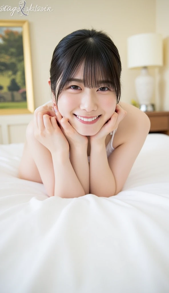 masterpiece, best quality, extremely detailed, (illustration), Raw photo, absurdres, 1girl, negligee, flat chest,ponytail, beautiful face, hands behind body, photorealistic, depth of field, anatomically correct, textured skin, UHD,hotelroom,Professional Lighting,masterpiece,Very detailed and beautiful professional photography,light smile,(lying on back,lying on bed)