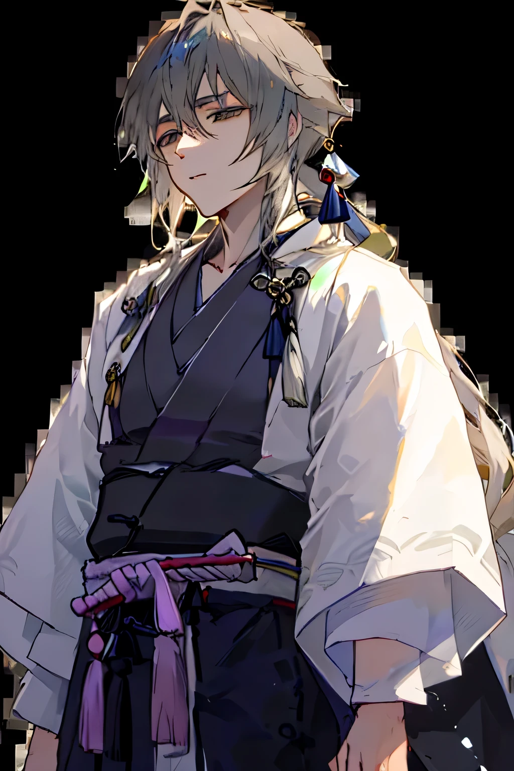 A man in a kimono holds a sword and a sword, hijikata toushirou,  Onmyoji portrait , Haise Jinyao, Mai Yoneyama, ((and is wearing a noble robe)), yuyushiki, tsukasa dokite, Flowing Hair and Long Robe, Genshin character、Kissing, masamune shiro, Kantai Collection style