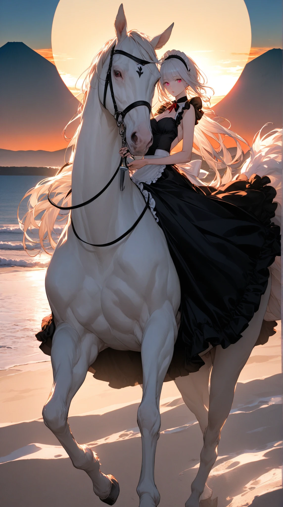 ((masterpiece, Best Quality)),(illustration),(detailedlight),((extremely delicate and beautiful)),1 girl,GodolphinArabian,long hair,blue hair,green eyes,horse ears,horse,hair_ornament,White dress, bare shoulders, ,sleeveless,night dress,long dress,outdoor, light,blue sky, horizon, prado, Wild