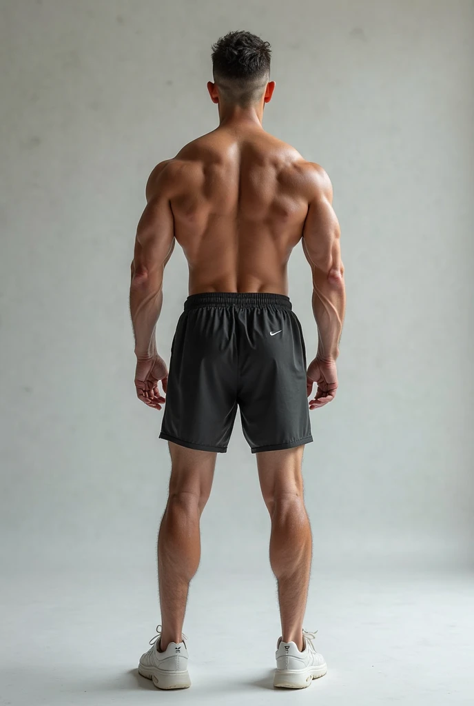 A middle-aged Asian man in shorts and sneakers standing in a blank background，Full body photo，Shirtless，6-pack abs，Very athletic 30 year old man，Stand up straight，Hyper-realistic style，style of photography，Natural light，Super meticulous