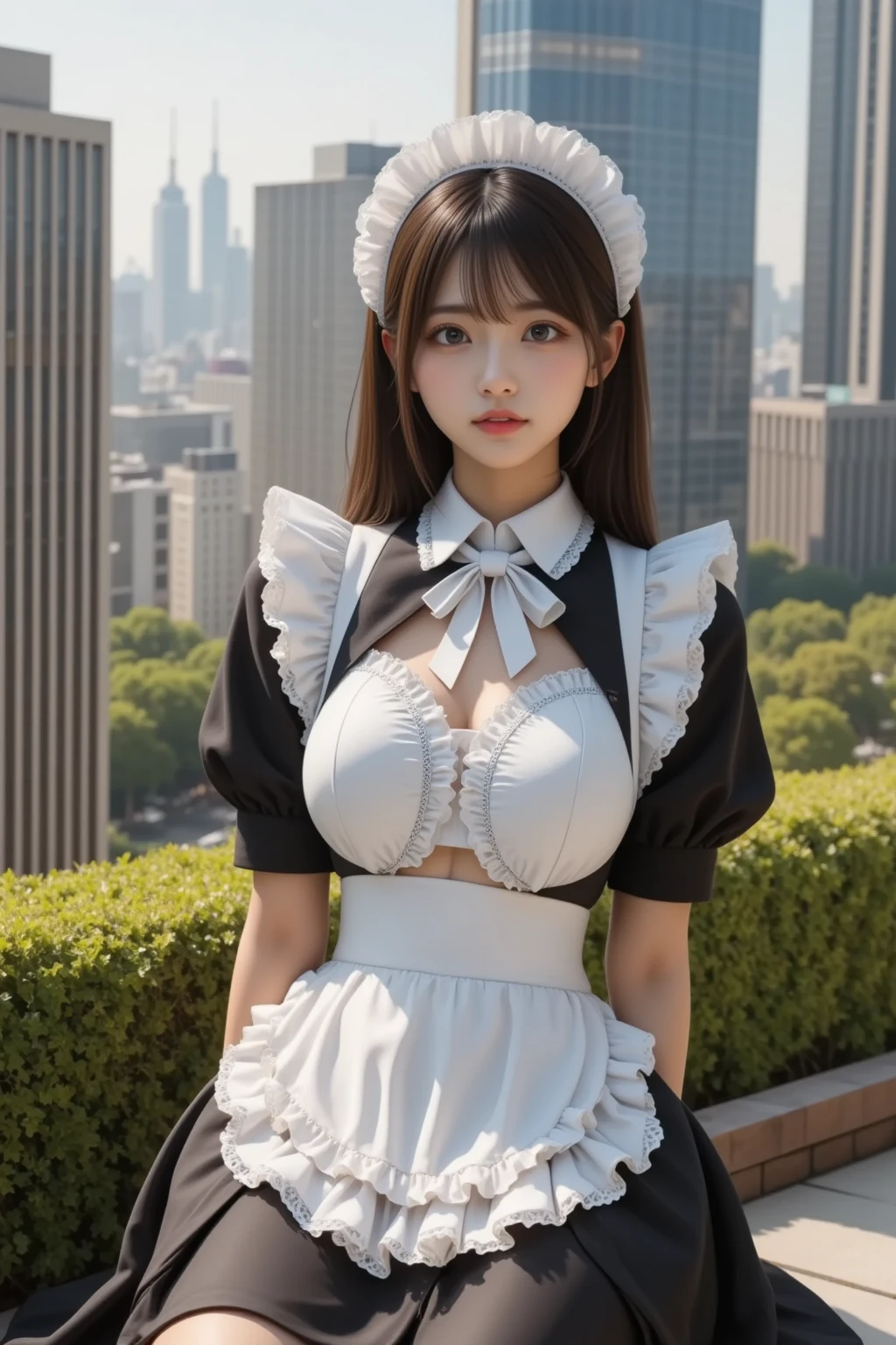 realistic, 1girls, Komi Shouko, best quality, 12k, HD, long hair, big round breasts, cleavage, necklace, maid clothes, shorts, slim hips, black eyes, black hair, super detailed, Eye details , hair details, person details, mouth details, face details, breast details, clothes details, hair details, pants details, hand details, whole body