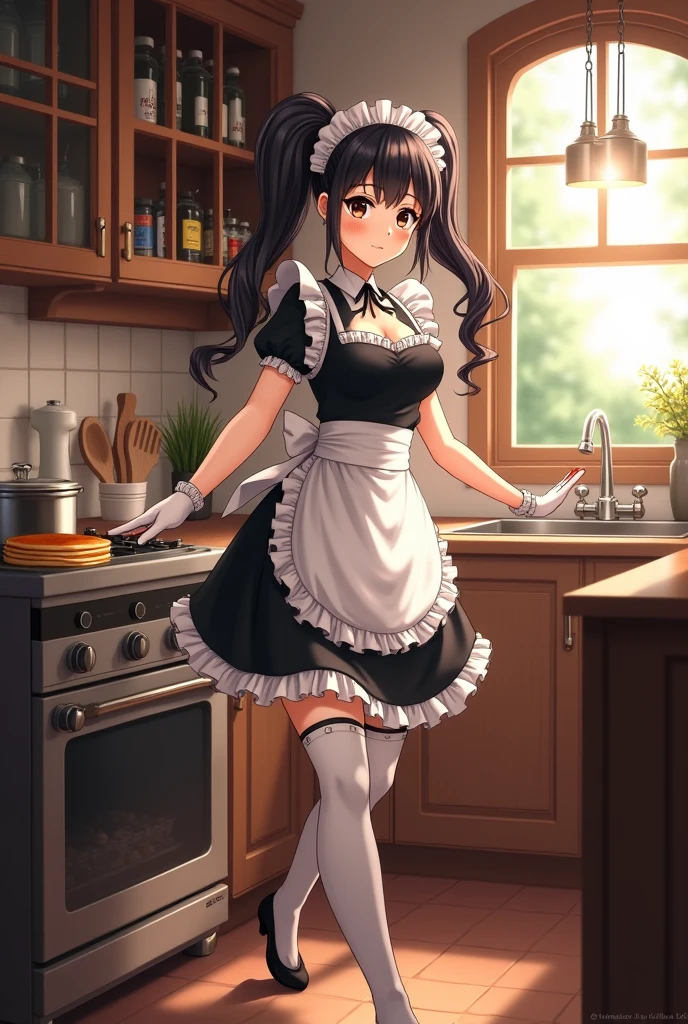In the softly lit warmth of a cozy, old-fashioned kitchen, a beautiful anime-style maid glides gracefully between polished wooden counters, her every move a perfect blend of precision and charm. Her outfit is a dazzling fusion of tradition and flair—an elegant black-and-white frilled dress with puffed sleeves, a snug corseted bodice, and a short, flounced skirt that flutters with every measured step. Delicate white lace trims her crisp apron and thigh-high stockings, while a satin ribbon rests gently at her neckline, matched by the one adorning her silky, raven-black hair.
A classic maid headdress crowns her long, glossy locks—either flowing freely in shimmering waves or styled into perfect twin tails that sway as she works. Her large, expressive eyes shimmer with warmth, intelligence, and a trace of playful mischief as she stirs a bubbling pot on the stovetop, the wooden spoon dancing in her gloved hand like a conductor’s baton.
But this kitchen hides more than spices and sweets.
Lining the walls—cleverly tucked between hanging ladles and pans—are gleaming firearms of all kinds: elegant rifles cradled in custom mounts, compact pistols hidden in drawer slots, and even a high-tech energy weapon propped near the back door. Every weapon is spotless, perfectly maintained, and within arm’s reach.
Though she hums a soft melody and flips a golden pancake with practiced grace, there’s a quiet readiness beneath her gentle smile. She is the guardian of her people, and this kitchen is her sanctuary and stronghold—a place where peace is prepared, but protection is always within reach.