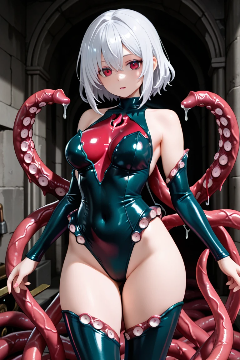 (photorealistic:1.8, highest quality:1.8,8K masterpiece:1.8,High resolution,muste piece:1.8,RAW Photos,cinematic lighting),No split screen、cyber punk、luxury basement、wet floor、
 (1 android girl:1.3)、Completely naked、choker、big breasts、high leg bodysuit、beautiful butt、beautiful thighs,plump nipples、cameltoe、normal ears、correct２basic、(Rei Ayanami)、
Body painting with a pop design drawn all over the body、pop art design、cutting edge fashion、conceptual art、
crawl on all fours、(Top view:1.4)、
(Suspension by tentacles:1.6)、（Countless tentacles wrapped around the body: 1.5）、(Tentacles clinging to:1.5)、（Tentacles tangling in the thighs: 1.5）、（Tentacles tangled in both legs:1.5）、giant octopus、attacked by tentacles、
180 degree spread legs、lie down、lift your hips、rich expression、fun、embarrassing、(happy ahegao)、fearless smile、Appealing gaze、
(Beautiful, shining crimson, blue, red, white and silver hair:1.5)、shining blue eyes、thin line