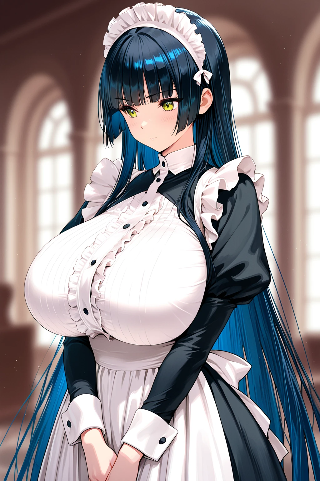 masterpiece,1girl,solo, purple hair,hair hair over one eye,horns,maid apron, center opening, cleavage cutout,bare shoulders, closed mouth, white white legwear, <lora:augustmaid-000002:1>,mouth hold,
