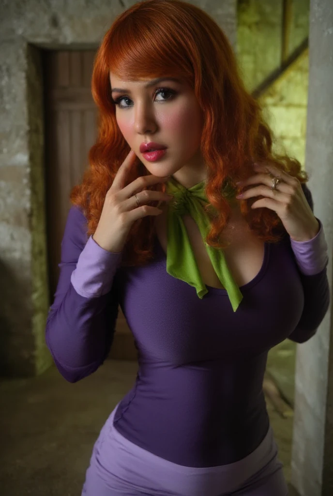 (realistic:1.3), insane detailed, quality, (masterpiece:1.2), (photorealistic:1.2), (best quality), (detailed skin:1.3), (intricate details), ray tracing, ((half body)), (((1girl))), (((1 person))), 20 years old, red hair, huge breast, bulge, purple tight dress, green shawl, hair band, (perfect fingers), bedroom, (blurry background)
