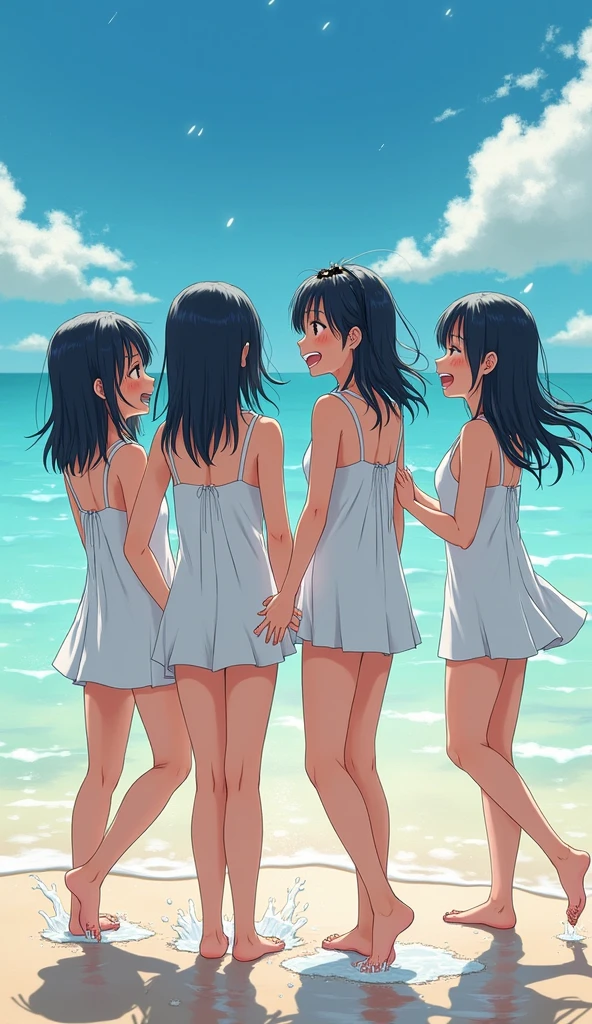 (((High resolution:1.5))), (((Very detailedな:1.5))), (((Three Girls:1.3))),((7Head to Body:1.3))、 (((beach,Outdoor、Midday light background)))、(((Happy expression))), (((smile:1.5)))、(((Beautiful and detailed eyes:1.3))), (((Very detailed))), (((Details face:1.5))), break ,sunny、(((Nude:1.5))),(((Very delicate body:1.5)))、(((Very flat chest:1.1)))、((Small waist))、((thigh gap:1.3))、Friendly atmosphere、(((spread legs:1.3))),(from side:1.2),(tanlines:1.2),