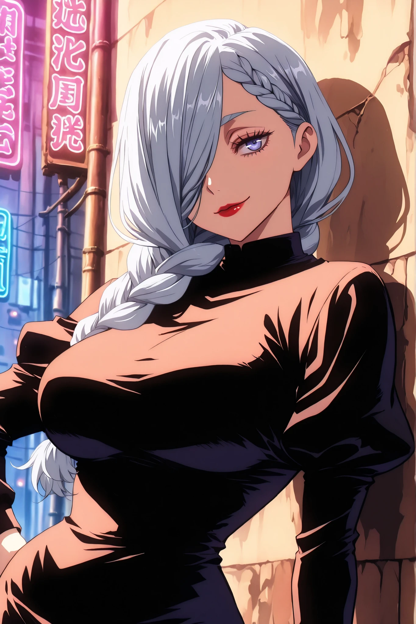 Big , silver hair, blue eyes, black bra, cleavage, long hair, intrincate details, detailed, masterpiece, best quality, 4K, HDR, mountain, upperbody,