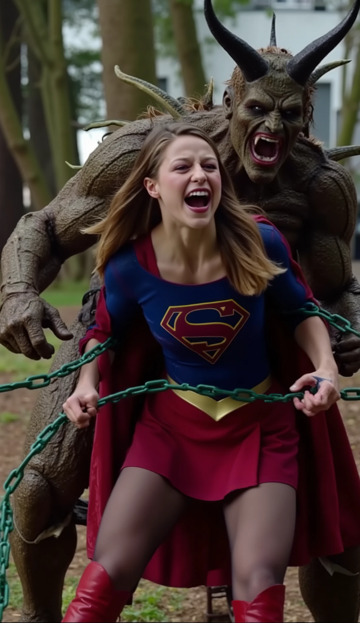 Melissa Benoist as Supergirl, fighting with a strong fierce devils, she is screaming in pain, painful face, screaming and shouting in pain, her arms tied behind her back with green lighting chain, she is wearing a Supergirl costume, blue shirt and very short skirt, red high boots, she is attacked from behind by a huge body devil, the devil is holding her arms tightly from behind, he is bending over her body,