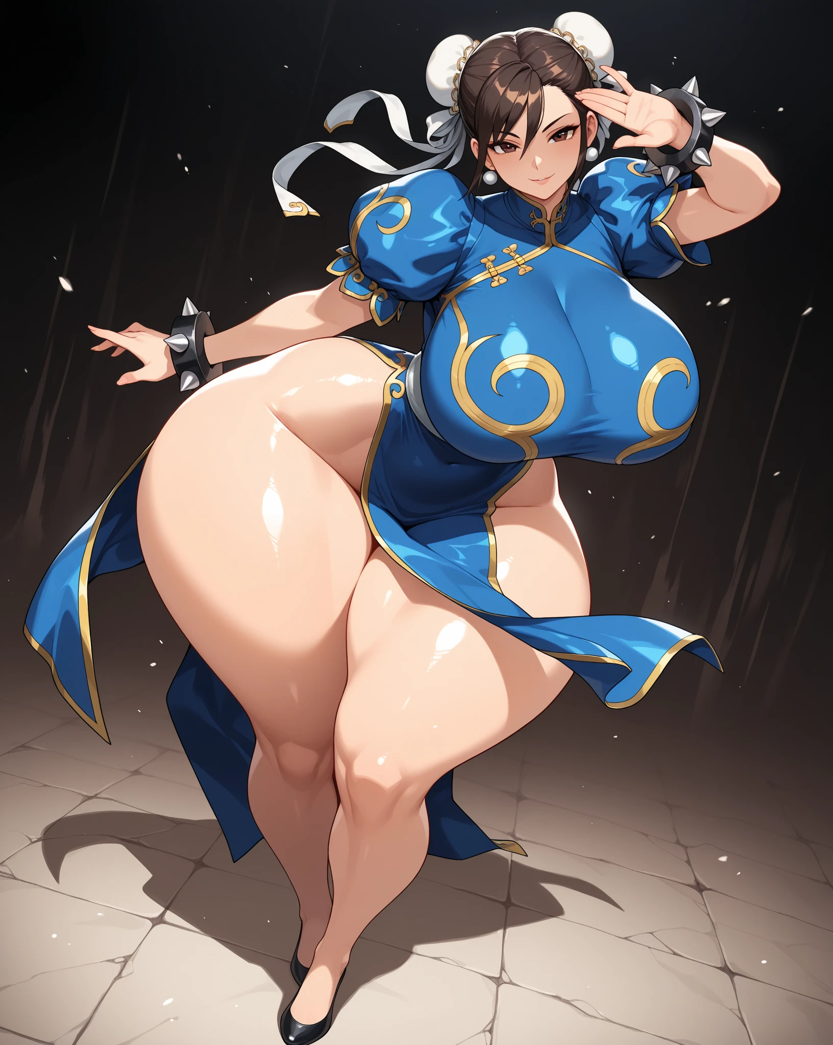 Focus on her wide hips, wide thigh gap, pussy, and huge round jiggly ass: Gorgeous nude sexy brunette, luscious hair, sexy hair bun, large sexy detailed eyes with long eyelashes, full thick pouty lips, big gorgeous smile, huge massive hanging breasts with puffy areolas, blushing face, tight frilly choker, tiny toned wasp waist, massive wide hips, huge round jiggly ass, wide thigh gap, thick toned thighs