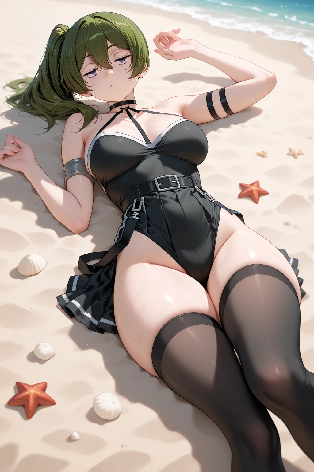 A girl with black hair, a short bob, wearing a black sports suit and short shorts, with big breasts and a big butt, wide thighs and legs, and a face with green eyes.