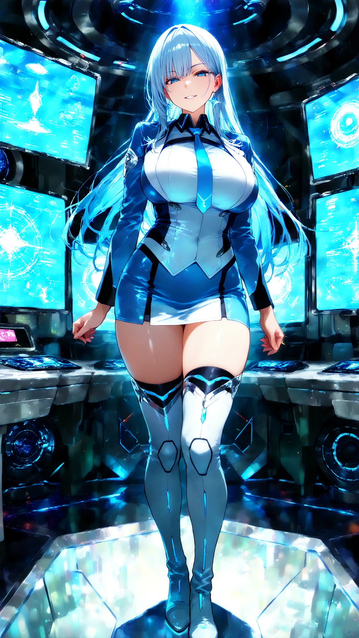 8K, Highest quality, (real:1.4), Original photo, 1 girl, Asari Hair, Biological Amplifier, Very sleek and futuristic armor, posture: Peace talks between warring factions,,attention arousal, smart blue eyes,A modest smile,Knee-high boots,Patent-look blue tights,Blue big moon and blue light swirl in the background,Blue light from behind,blue light magic,A small, glowing blue ball in the palm of your hand,Blue flame swirl,Blue Comet,Polished floor,