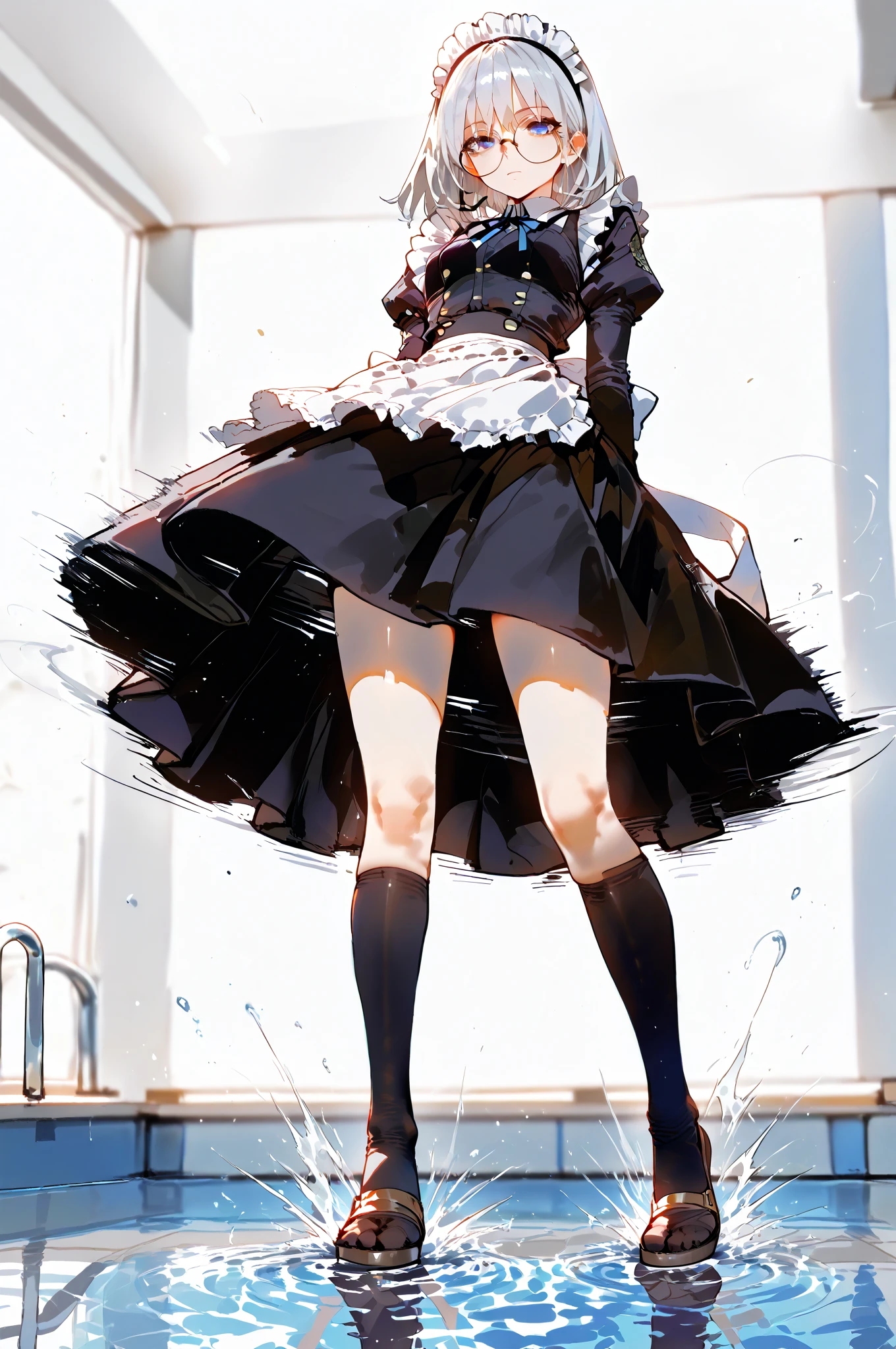 [(White background:1.5)::5], (Bottle bottom:0.9), 1 girl, Mid-shot, whole body,white hair,Black skirt,Red bow tie,Black shoes,blue eyes,Long legs,Straight Legs,Black tights, supermarket