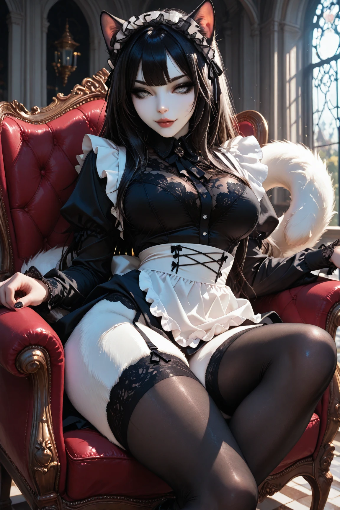 (8K、RAW photo、highest quality、masterpiece:1.2)、detailed background、beautiful and detailed face、beautiful and smooth skin、skin texture、professional lighting、Beautiful teenage girl、sexual expression、Cute Ponytail、(big breasts:1.3)、cute cat、Nekomimi、Cat ear、Mainly dresses and skirts decorated with frills and lace。black or purple、Choose a dark color such as red、Emphasizes the gothic atmosphere。
For dresses and skirts、Lace and frills are often used。sleeve or skirt hem、By adding lace to the neckline etc..、You can combine cuteness and gothic elements.。
Classic accessories are key。for example、lace gloves and ribbon、crown-shaped headdress、If you incorporate cross accessories etc..、You can further enhance the gothic atmosphere.。
To create a contrast with a skirt or dress、It is best to choose black lace socks or fishnet stockings..。
boots、Items decorated with lace, ribbons, etc.、If you choose a thick sole、Can give a more gothic impression。