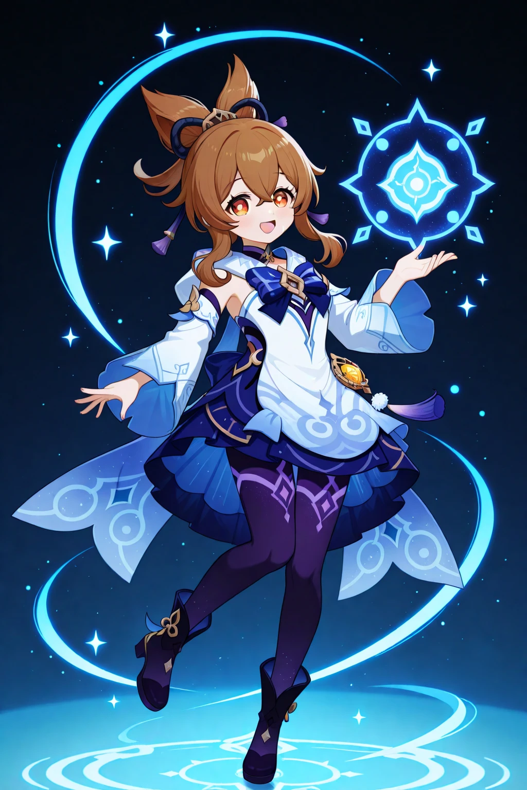 Make a Genshin Impact oc. Give her medium length, wavy teal and brown hair. Her vision/element is electro, she uses a claymore scythe as her weapon. She has a star themed, teal, purple and black outfit. Brown eyes. She is very kind, and soft-hearted. She likes space and singing. She's shipped with Venti. Mature body. Slight head tilt, and smile