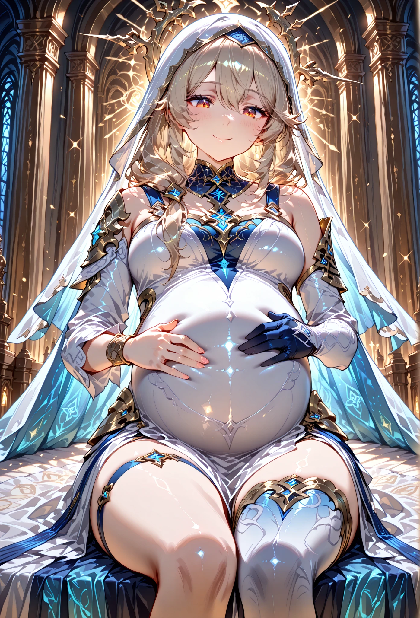 hyper detailed,hyper quality,hyper cute,Babylon the Great Whore, pregnant, silver hair, long hair, , B150W60H120, elaborately decorated dress of gold and lapis lazuli, sexy face, red cheeks,