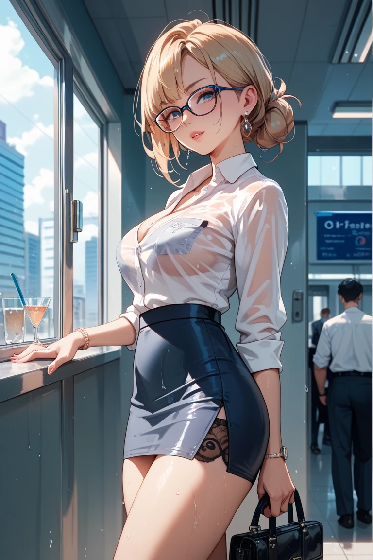 Please follow all prompts below exactly and faithfully. This is a breathtaking masterpiece of digital illustration, with maximum resolution, UHD, 512K, 2160p, 10 million ppi, 300 million dpi, natural color tones, ultra sharp details, perfect outlines with contrast, **most realistic skin and hair textures**, most beautiful detailed eye features, perfect anatomically correct human body, beautiful background with depth, rule of thirds, depth of field, Maximize all element is used to its full potential to create the best digital illustrations, looking back, from behind, 1woman, sexy:1.5, beautiful face sharp, elegant woman, perfect body style, slender, beautiful big breasts, green eyes, blonde hair, hair over one eye, short hair, glossy very thick lips:0.7, pink lipstick:0.7, smile,Business attire for adult women, office lady outfit, summer wear, tight skirt, no necktie, short-sleeved blouse, light fabric, professional look, elegant design, comfortable fit, pastel colors, minimal accessories, closed-toe shoes, breathable material, modern style, suitable for office environment.