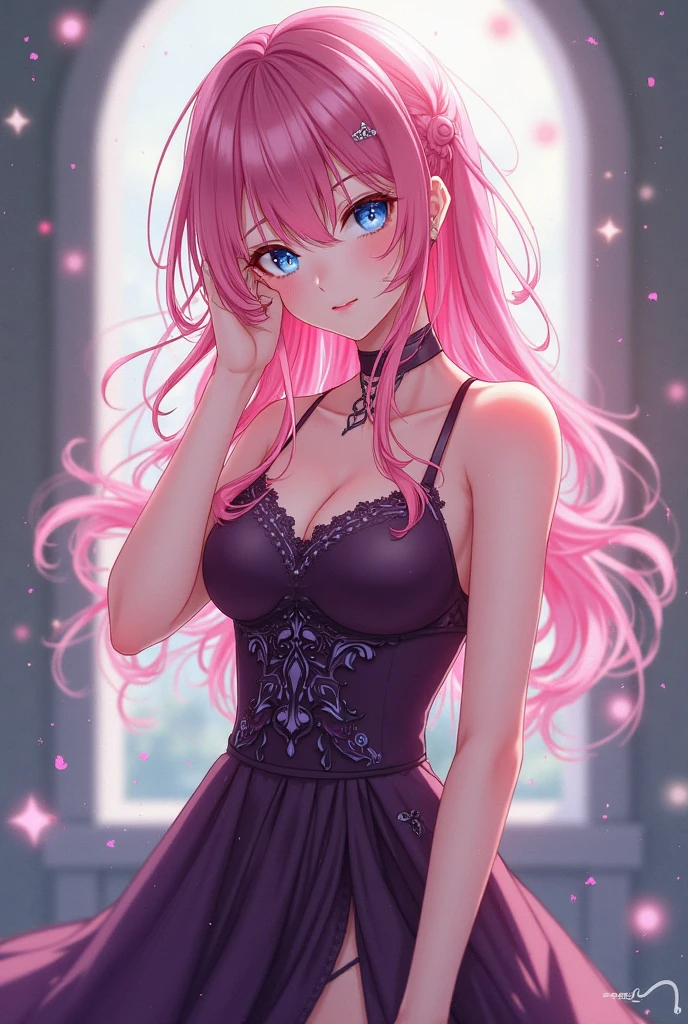 Ultra-high resolution, Clear face, （Reality： 1.4）, perfect lighting,(photorealistic), anime wallpaper, Guviz style artwork, fantasy to magic cover, beautiful artwork illustration, beautiful digital artwork, beautiful digital illustration , beautiful portraits, illustrations, delicate and beautiful, highly detailed, fine details, official art, highly detailed unity 8k CG wallpapers, highly detailed, high resolution, highly detailed, highly detailed eyes and faces, beautifully detailed eyes, cinematic lighting,1girl, solo, pink hair, hair ornament, Animal ears, jewelry Earring, blue eyes, black dress, standing, full body, indoor, simpel blackground,