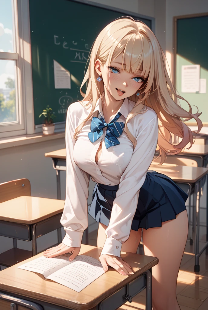 ((8K,masterpiece,the most beautifully illustrated), (Hyper-detailing,Ultra-clear),((white wavy extra-long curls):1.3,choker necklace,ear jewelry,pink and moist lips,),1 busty girl,quiet and welcoming classroom,white super long hair,White wavy curls,shiny hair,shiny skin, open student uniform,elegant and beautiful hairpin,bare-legged and high heels,reasonable movement,fair and moisturized skin