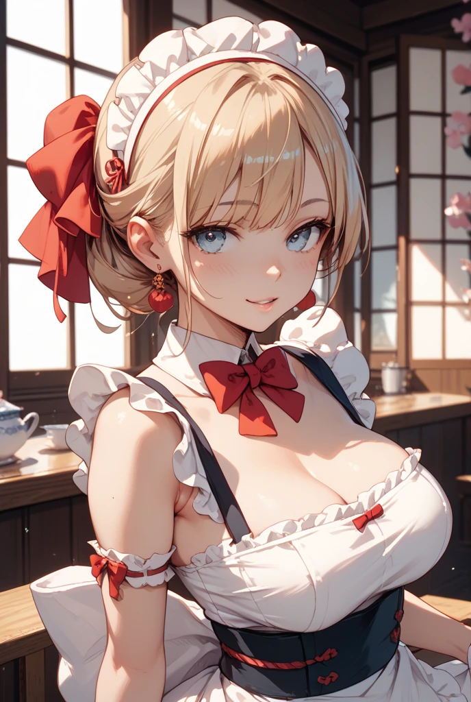 One girl,Blonde,Twin tails,Bun hairstyle,Curly Hair,short hair,Red Chinese clothing,apron,Blue Eyes,blush,Mouth wide open,fine,Girl with small,Small breasted girl,Small  Girls,,flat chest,Chinese restaurant