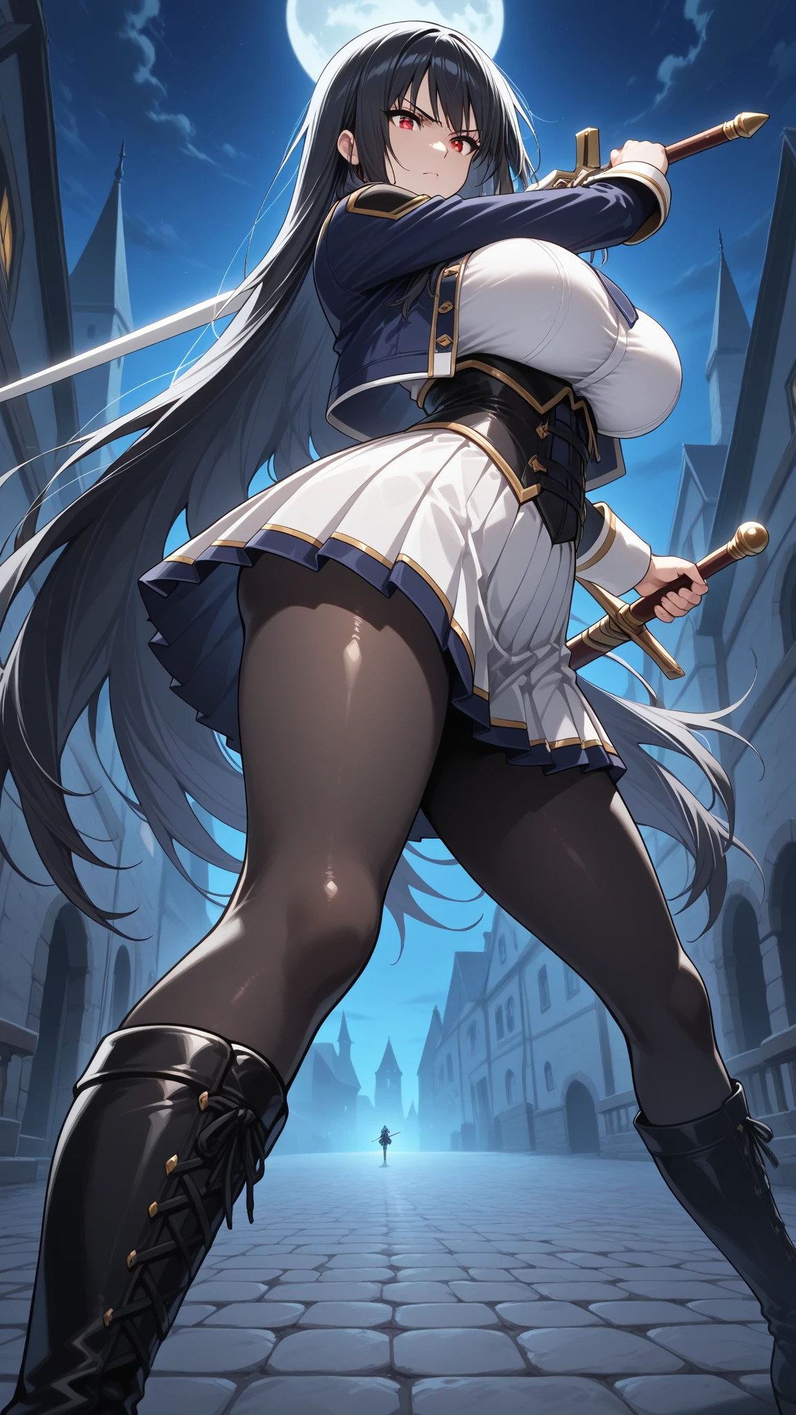 masterpiece, ultra detailed, 8k portrait, RAW photo, portrait photography, highly detailed face, beautiful and meticulous eyes, dark blue hair, long hair, blue eyes, white hair ribbon, (dark blue French maid costume:1.5), white tights, half boots, spread legs, standing, (holding a giant sickle:1.5), by the old castle, in mid night, from below, (cameltoe:1.5)