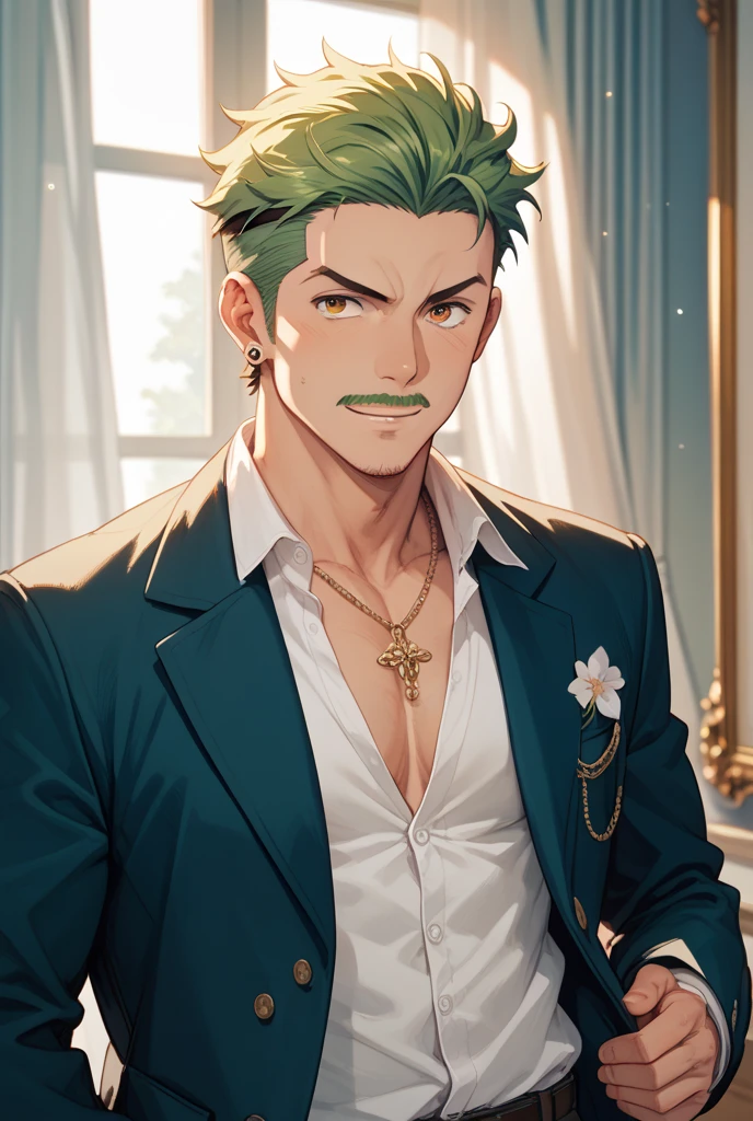 Ultra detailed, HDR, Highres, absurdres, master piece, Kishibe Rohan, dark green hair, expressive green eyes, white clothes with patterns, Jojo Bizarre Adventure, window, red moon, red roses, petals, ice roses, sexy man, solo, extremely detailed face and eyes, extremely handsome, glittering, white pants, toned chest,