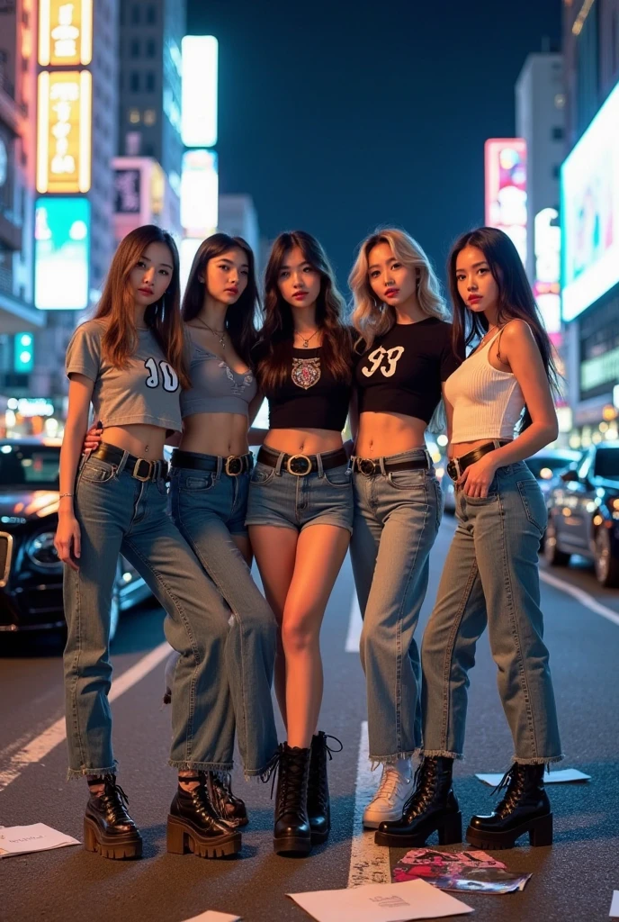 3 girls, (blue eyes), (they are smiling), (in the name of mina), Wide hips, tetas big deals, big deal, (best quality, 8K, masterpiece: 1.3), perfect hands, clear focus: 1.2, Perfect body beauty: 1.4, Slim abs: 1.2, Highly detailed facial and skin textures, delicate eyes, double eyelids, (long golden hair), (Black collar T-shirt), (Denim shorts :1.1), (High heel :1.3), permanent, dynamic poses, Background Tokyo Shibuya Crossing.