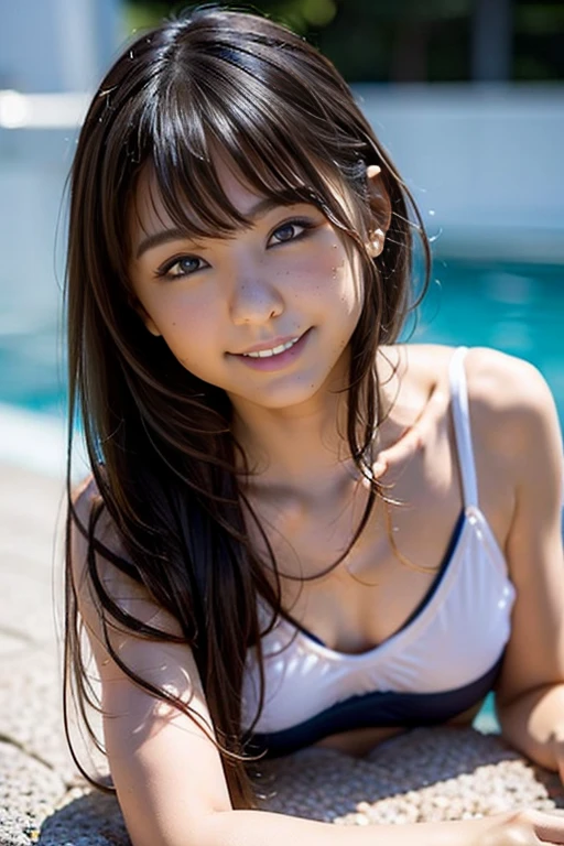 bikini, gravure pose, 20 years old, 1girl, medium hair, (smiling:0.8), closed mouth