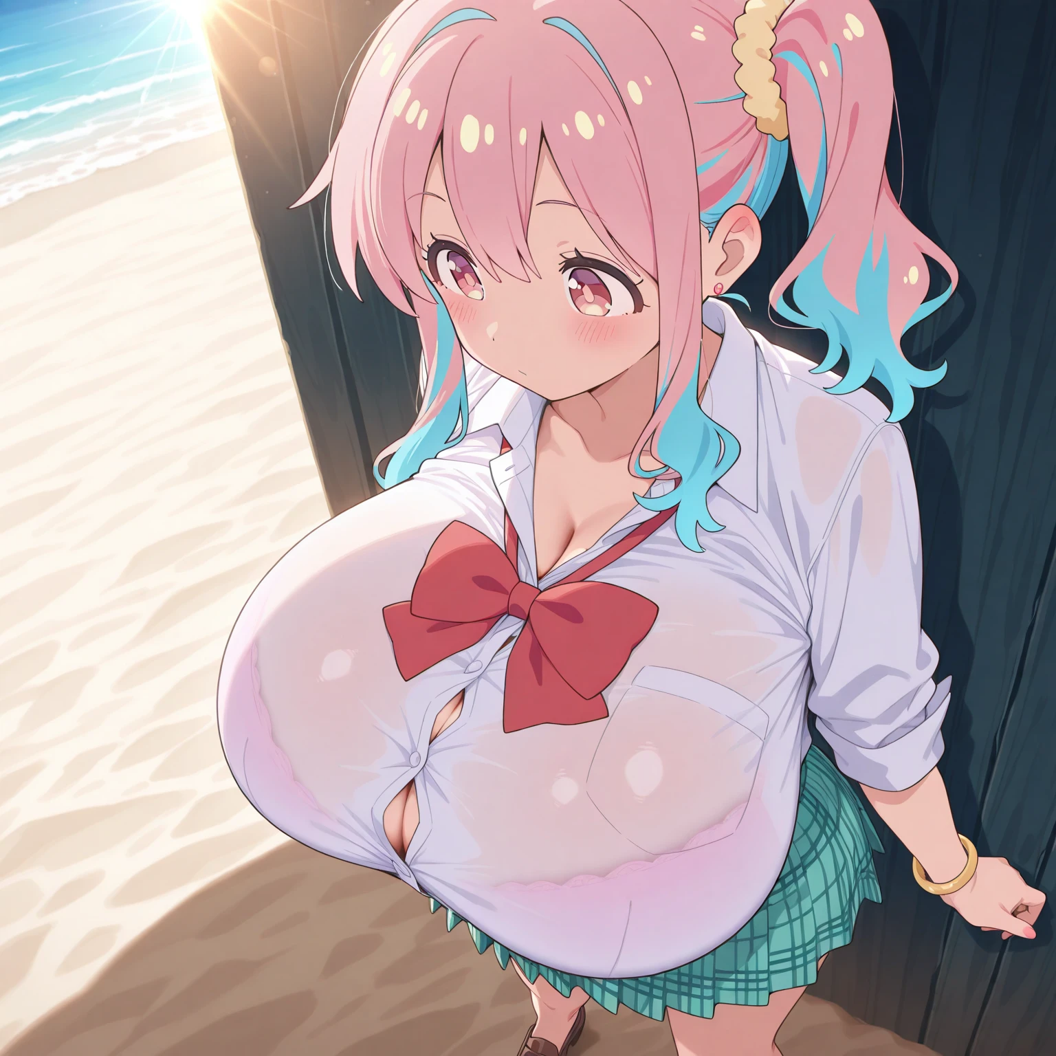 (masterpiece, best quality:1.2),illustration,high quality, ultra-detailed, ray tracing,perfect lighting, , 1girl, beautiful skin, beautiful girl,good hands,sharp focus,,,dynamic angle,[:(detailed face:1.2):0.2], (junk_handed over, blue eyes, pink hair, long hair, hair bow, kiyosumi , serafuku, blue skirt, white thighhighs,, Erect nipples, huge breasts, , , Sad expression, tears), beach, sunset, running, bouncing breasts, bouncing stomach, shake hands from behind