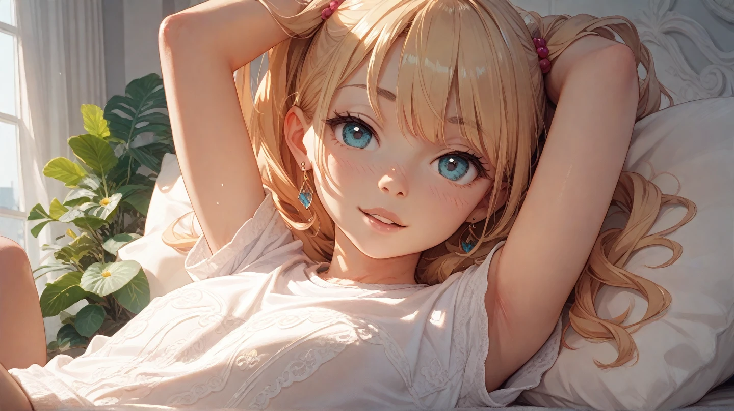quality、image quality、masterpiece、Girl vs((18 years old、 white under lingerie、best bust、Bust 85、A blonde、half length、eBlue eyes、Open your mind、valleylissful、A slender one、naghty face、Lie on your back、Showing to the audience in bed、Make your point to the audience))高quality、Camera film style、Background with((A room with beautiful sunlight))、On the table、Cool style、carefully designed、visual art