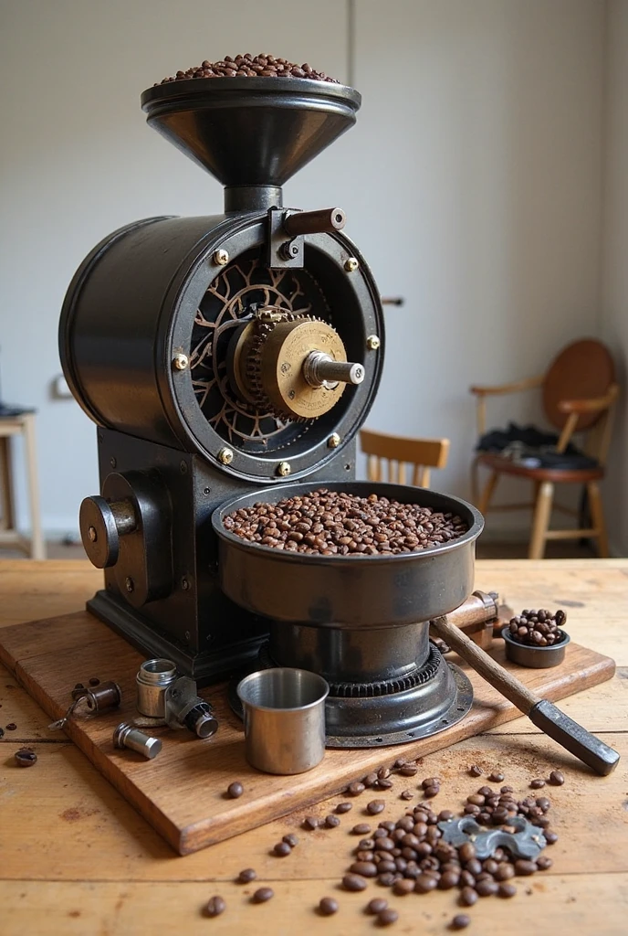 clutter, trash, glass bottle, tools, coffee beans, electronics, canned food, bottle, low lighting, light bulb, messy workspace, cozy, towels, bright room, detailed, dead mouse, pots
