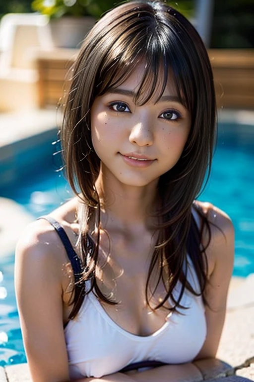 Best Quality, hight resolution, photos realistic, Detailed skin texture, Cute Girl, ((Naked)), flat chest, 12year old, Shy, Facing the camera, slim figure, Charming gaze, japanaese girl, Fair skin, zora々appearance, Long hair, swimming pools、Sit up、portlate、
