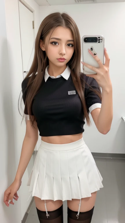  little lolita, angry face, whole body, rebel clothing, bare abdomen, tight short skirt, in a room standing at the door