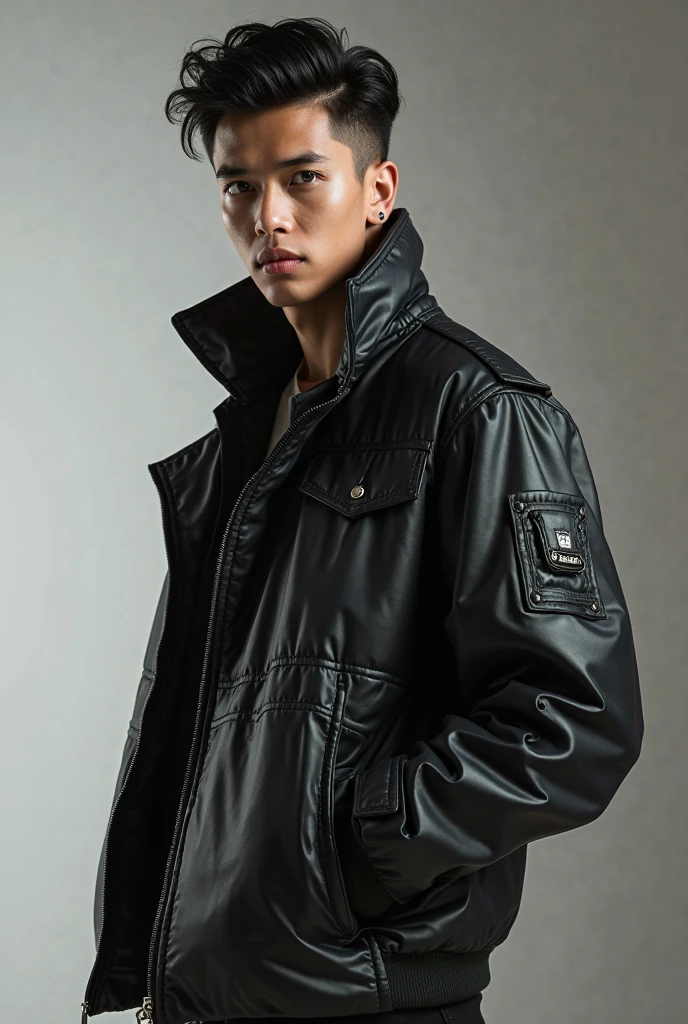 Mafia male, 20 years old, handsome, white skin, black hair, brown eyes, muscular.
