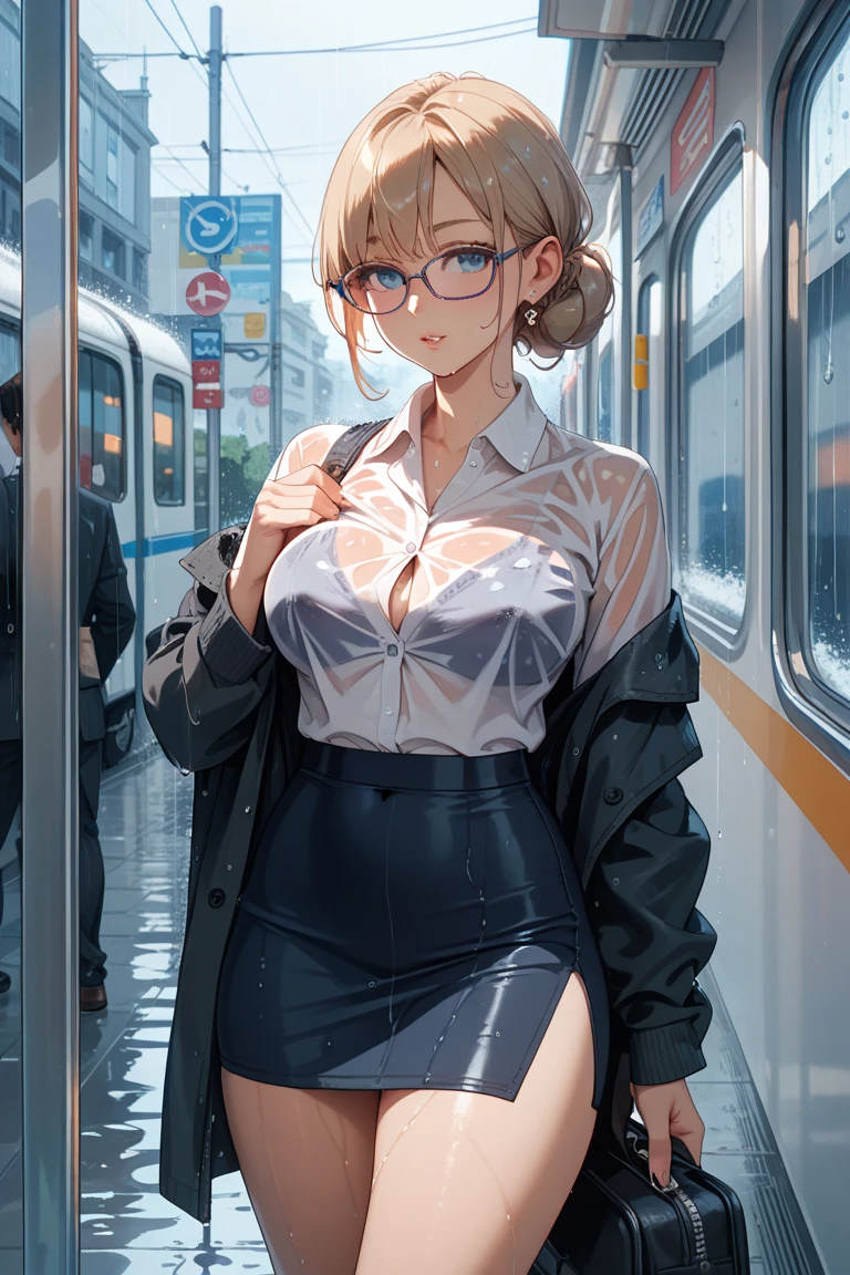 Very cute woman、Trem lotado、(Wearing a plummeted open shirt of white silk:1.5)、40k、masterpiece、top-quality、Dark gray background、((1 Girl with blue eyes and gorgeous bright blonde hair、eye glass))、big butts、Soft breasts、de pele branca、Beautiful Caucasian woman in different poses。((Colossal tits:1.4))、((Very soft breasts))、hyperdetailed face、A detailed eye、in a crowded train station、((She's wet))、