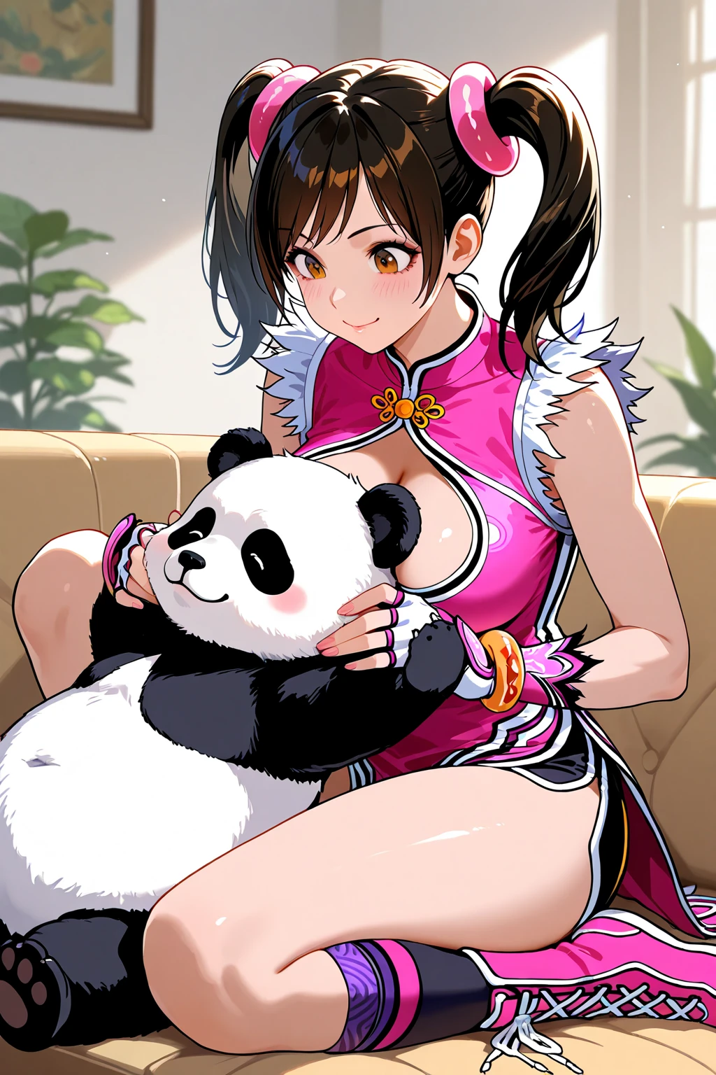 (((1girl))), (red hair), (extremely long hair), (curly hair), (ahoge), (blunt bangs), (twin pigtails), ((((dark skin)))), ((moonlight eyes)), ((vibrant eyes)), (accentuated super huge enormously gigantic , cleavage showing), (thick thighs), ((thick lips)), ((wide hips)), (thighhighs), (short shorts), ((pink)), ((lace)), ((long eyelashes)), super detailed, ((best quality)), highres, UHD, textured skin, (indoor)), luxurious bedroom, ((holding stuffed animal)), (((sexy seductive smile))), ((smug)), full of lights, Real Human, huge tit, ((bear ears)), ((((looking up)))), ((looking at viewer)), ((crop top t-shirt, short shorts)), ((tattoo sleeves and piercings)),