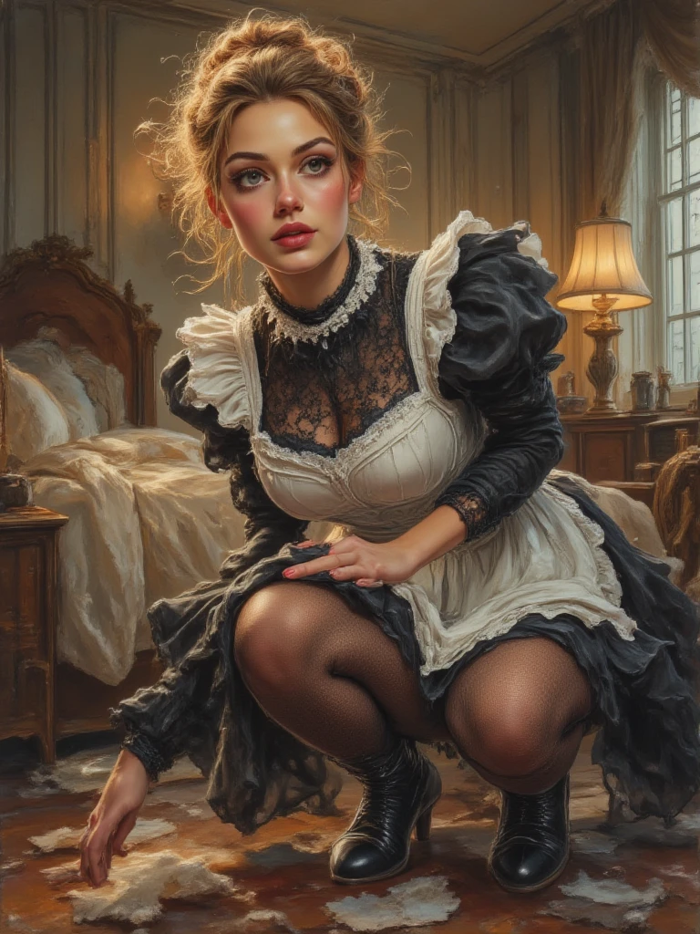 (absurd, high resolution, ultra-detailed), (absurd, high definition, ultra-detailed), 2girl, two maids in love with each other, lesbian, lesbian couple, maid clothes in ankle-length dresses, (lifting skirt, white panties, garter belt: 1.3), long sleeves and high collar, black and white, the skirt was wide and ruffled, but The blouse has lace details or ribbons. In addition, they wear a dress on their head and a white apron over a hat. Spartan room