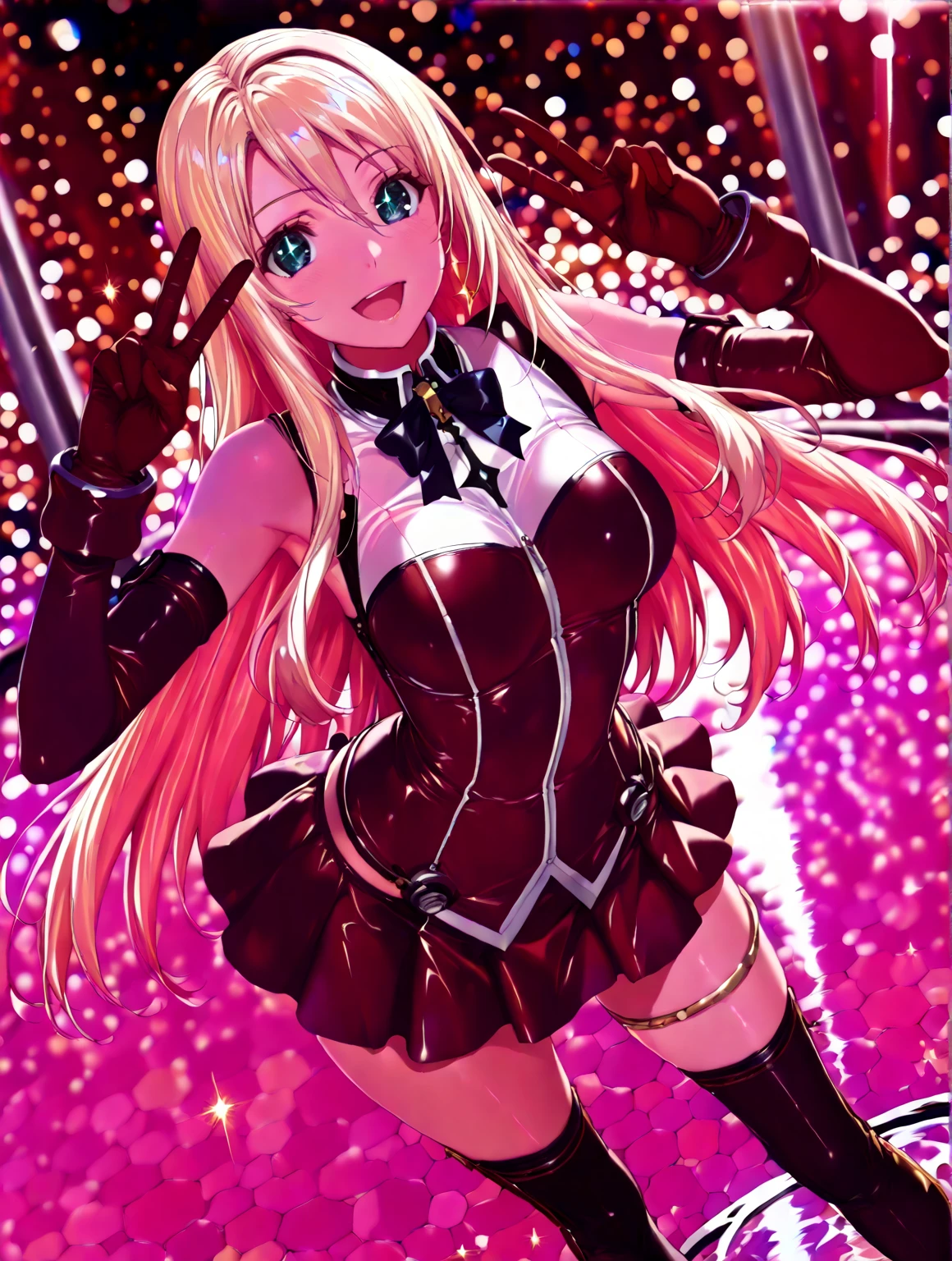 long hair, 1girl, hair ornament, twintails, solo, breasts, blue eyes, cleavage, bow, bear hair ornament, necktie, blonde hair, smile, bangs, large breasts, looking at viewer, collarbone, shirt, nail polish, red bow, black shirt, underwear, bra, skirt, choker, black bra, sleeves rolled up, white necktie, red nails, open mouth, pleated skirt, red skirt, shiny, teeth, medium breasts, miniskirt, shiny hair, upper body, school uniform, pink hair, boots, upper teeth only, plaid skirt, blush, knee boots, plaid, black footwear, cross-laced footwear, junko enoshima