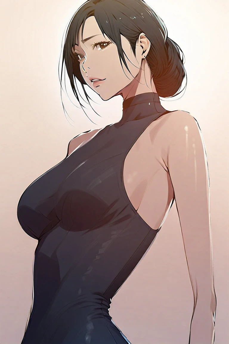 (masterpiece:1.2, Highest quality),8K,wallpaper,(An illustration),(Milla Jovovich), Upper body close-up,front,short hair,Wearing a black dress,Perfect Eyes,Detailed face,,Sexy expression,Cool woman