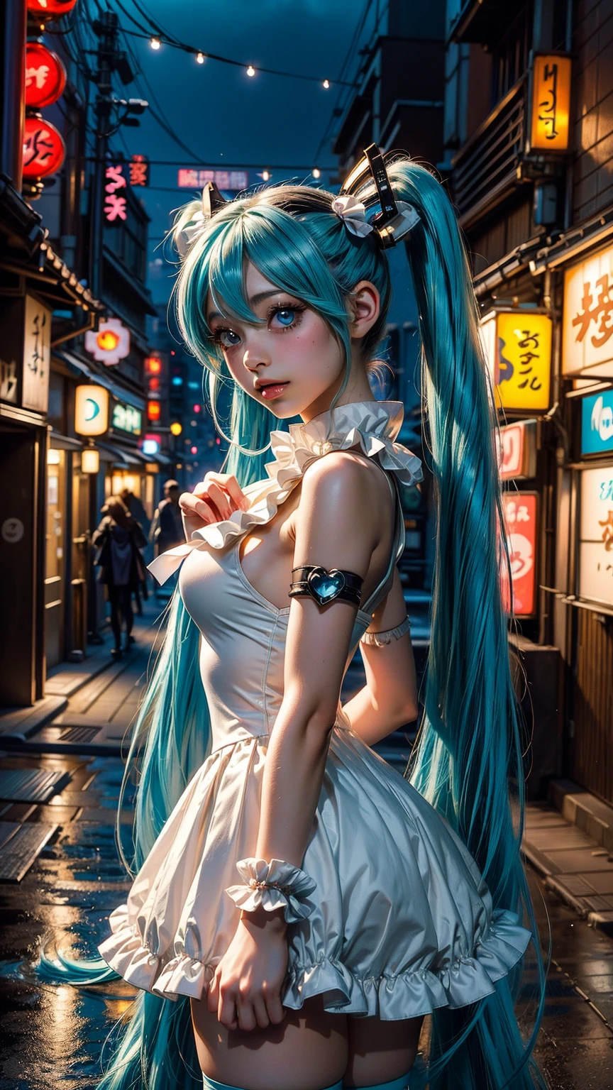 (rear view, backside view),(La mejor calidad,A high resolution,Ultra - detallado,actual),Ariana Grande, chica anime cosplay, anime cosplay, (Hatsune MikuCosplay:1.4) , foto de cosplay, dos colas blancas_guantes, cosplay, lindo anime waifu con un bonito vestido, chica anime con pelo largo, Diosa del anime, cosplay elegante y glamoroso, chica anime disfrazada de sirvientaMore detailed 8K.motor irreal:1.4,HD,La mejor calidad:1.4, fotorrealista:1.4, textura de la piel:1.4, obra maestra:1.8,obra maestra, mejor calidad,objeto Objeto], (rasgos faciales detallados:1.3),(Las proporciones correctas),(Ojos hermosos azules:1.4 ),  (pose vaquero), ,( ciberpunk 2.1), (vestuario kawaii :1.4), (dedos detailed :1.4), (perfect anatomy), (tokyo night alley background:1.4),( seaArt V2.1),( solo) 