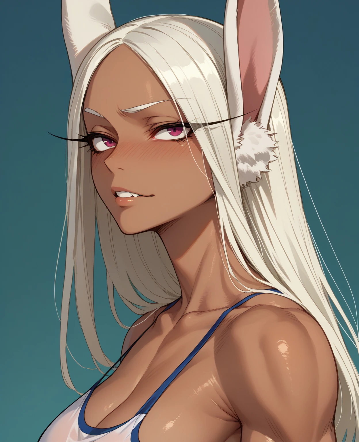 scan, (extremely detailed CG unity 8k wallpaper:1.1), highres, ambient light, (1girl), mirkomha, boku no hero academia, dark skin, red eyes, white hair, long hair, large breasts, rabbit ears, white bikini, beach